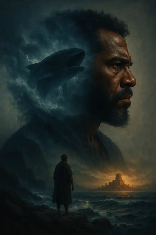 Jonah stands before a storming sea as a great fish and the distant city emerge from the darkness